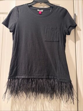 Vince Camuto Black Feather Trim Short Sleeve Top